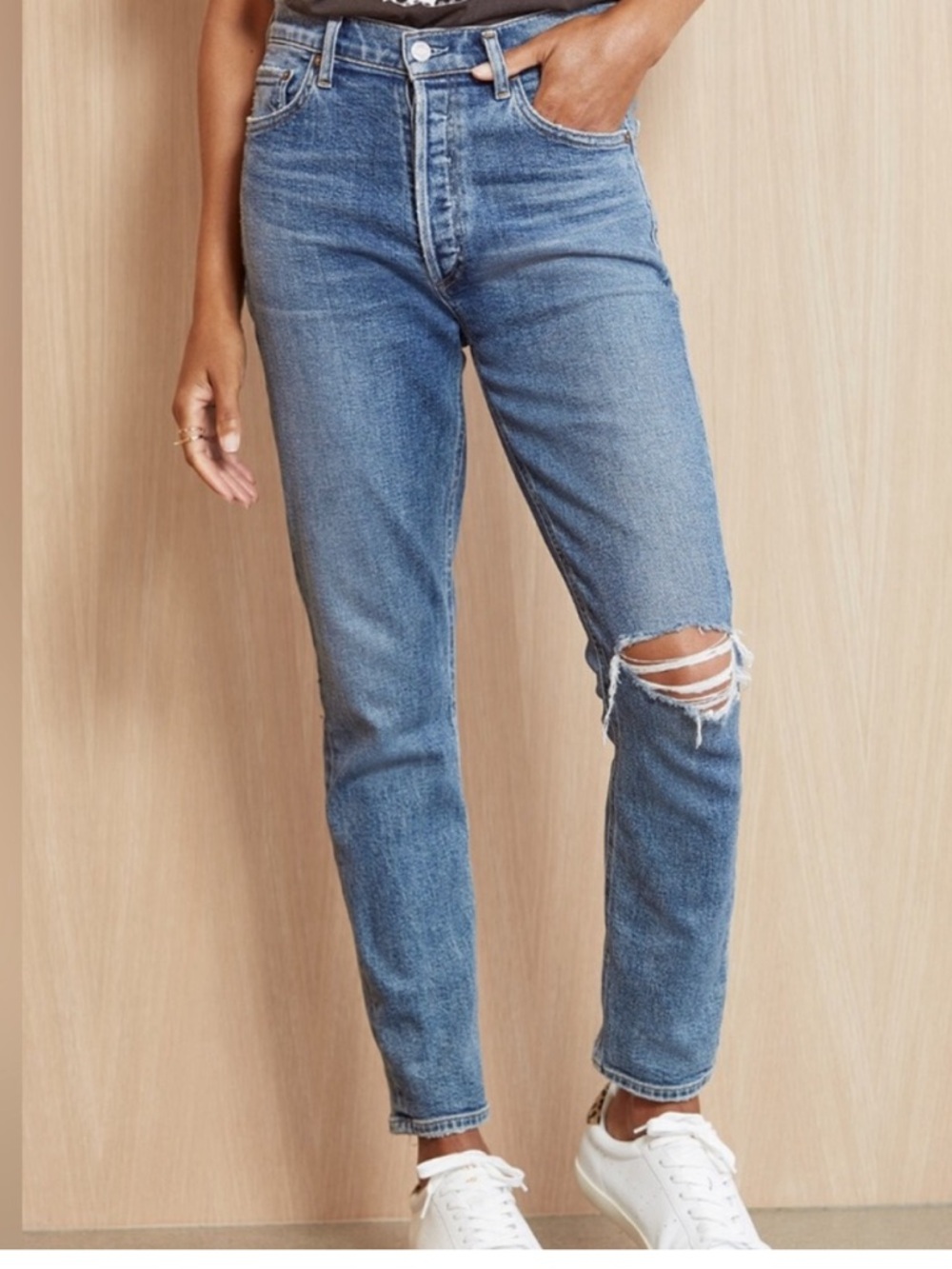 AGOLDE Nico High Rise Slim Straight Jean Distressed Knee Medium Wash Size 28